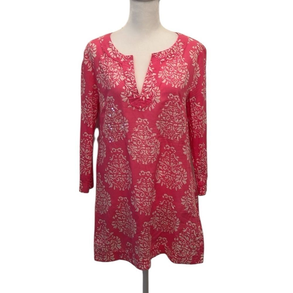 INC size 6 3/4 sleeve pink and white print tunic coverup with sequin trim EUC